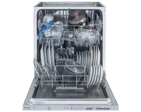 Dishwasher with open door filled with dishes
